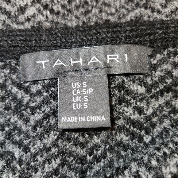 Tahari Wool Blend Open Front Longline Cardigan Size S Black & Gray Cross Front - Picture 7 of 13